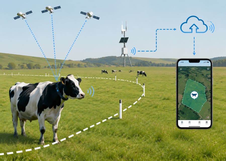 Schematic diagram showing a wearable GPS cow collar receiving GNSS satellite signals and communicating with a regional LoRaWAN base station