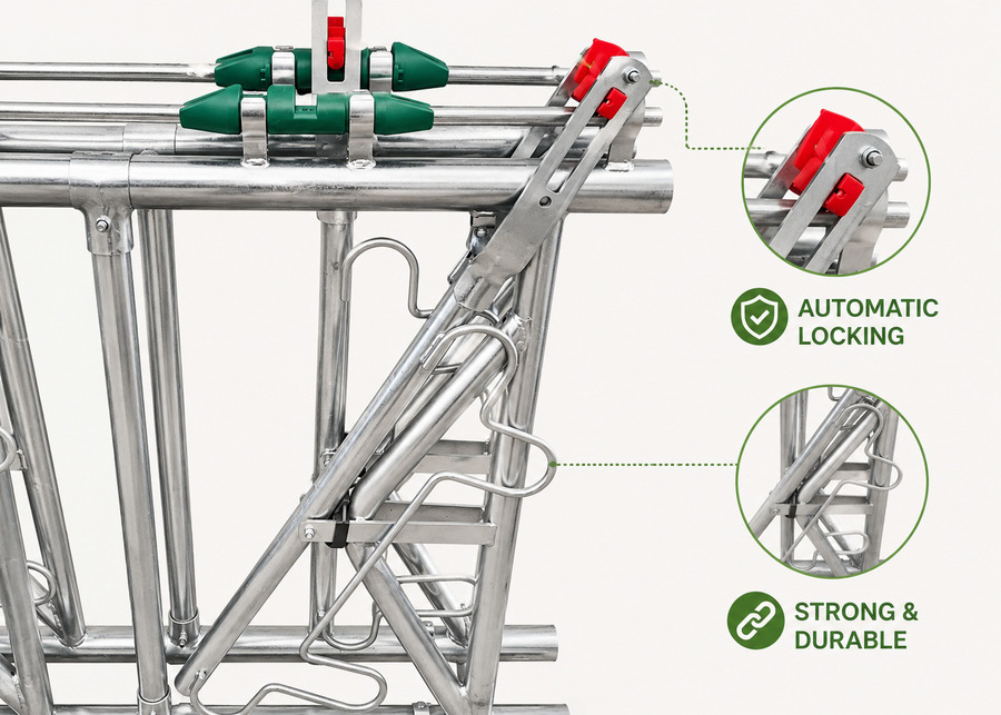 Hot-dip galvanized cattle headlock automatic locking mechanism and heavy-duty steel structure details