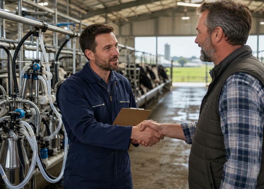 Agricultural distributor technician and farm manager shaking hands after milking equipment commissioning