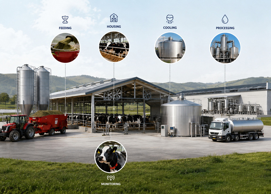 Modern dairy farm equipment including milking parlors, TMR feeding, cooling tanks, and smart livestock monitoring