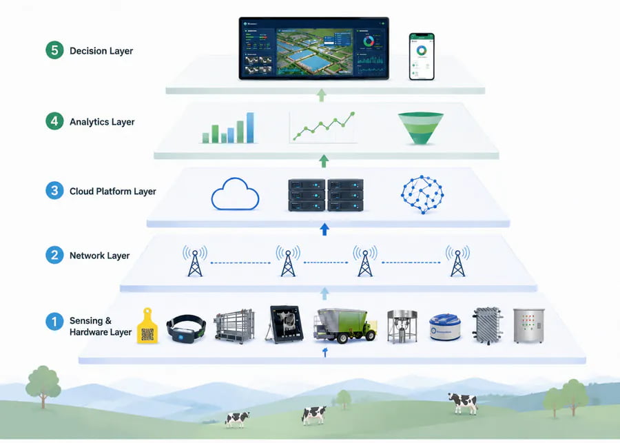 NexAgri precision dairy farming system architecture showing integration of NexAgri-Sense smart ear tags, NexAgri-Guard smart collars, network communication layers, and data analytics dashboards.