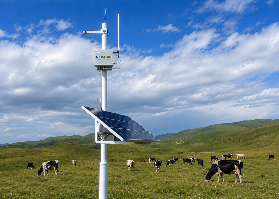 Solar powered NexAgri base station providing local network coverage for NexAgri-Guard smart collars in remote pasture areas.