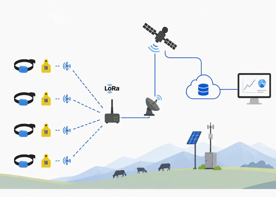 Topology diagram of off-grid LoRaWAN gateways with satellite backhaul connecting remote smart collar nodes