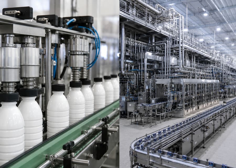 Plastic bottle packaging line for small dairies compared to high-volume aseptic carton filling equipment
