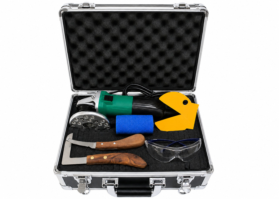 Professional bovine hoof trimming toolkit including grinder disc knives trimming gauge and bandages