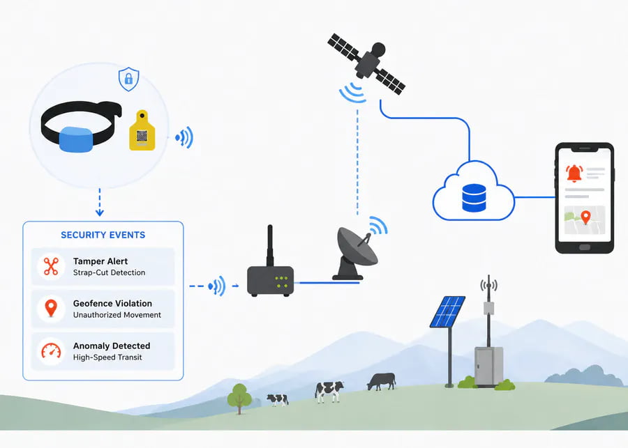 Flow diagram of smart collar anti-theft trigger events leading to immediate mobile alerts and cloud map tracking
