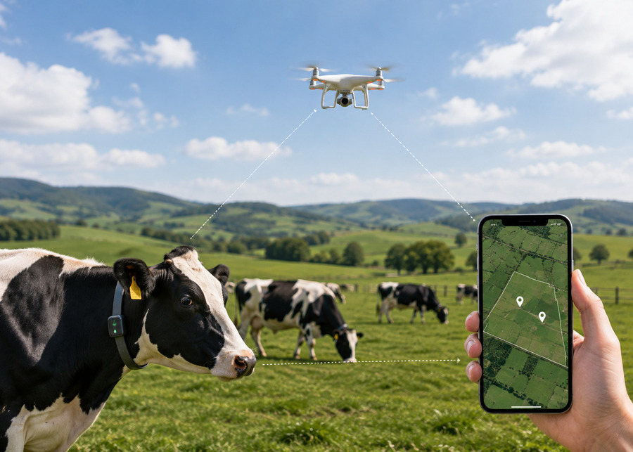 Technology-assisted grazing system using drone surveillance and an NX-Guard GPS smart collar for real-time cattle location tracking on a mobile app.