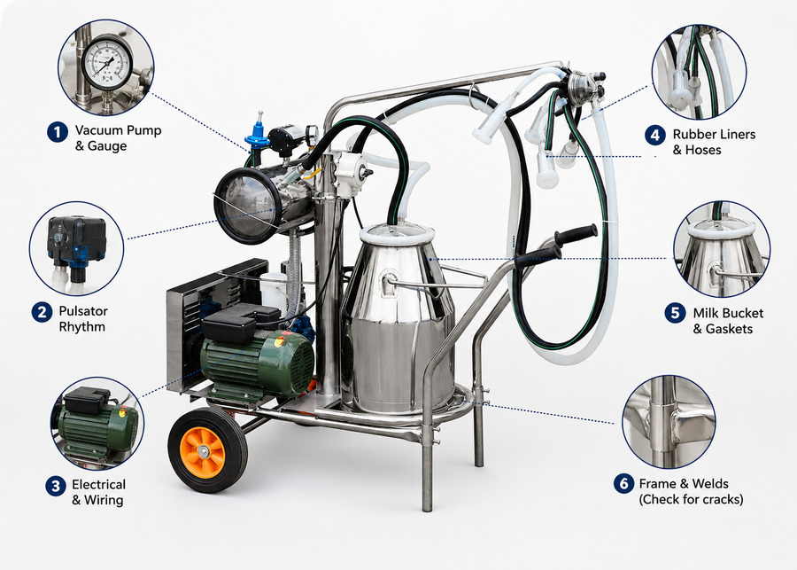 Used commercial milking machine 6-point inspection checklist for vacuum pump, pulsator, liners, and frame