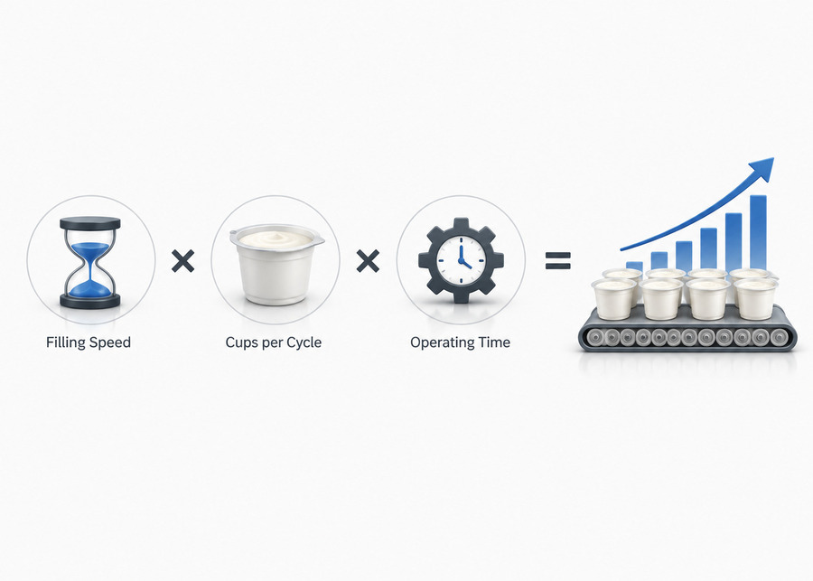 Yogurt filling machine capacity calculation formula showing filling speed, cups per cycle, and operating time