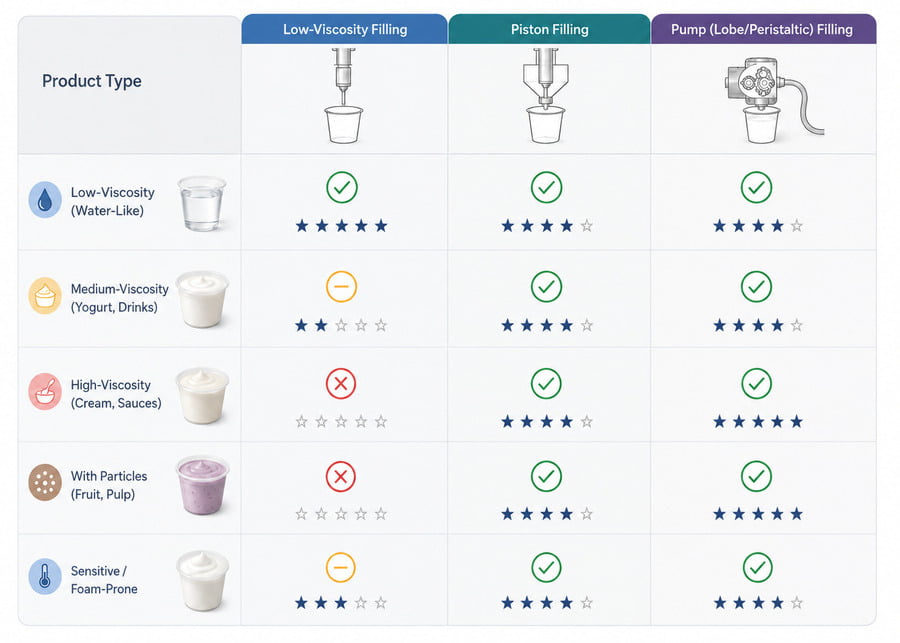 Comparison chart of yogurt filling machine technologies for different viscosities and fruit particles