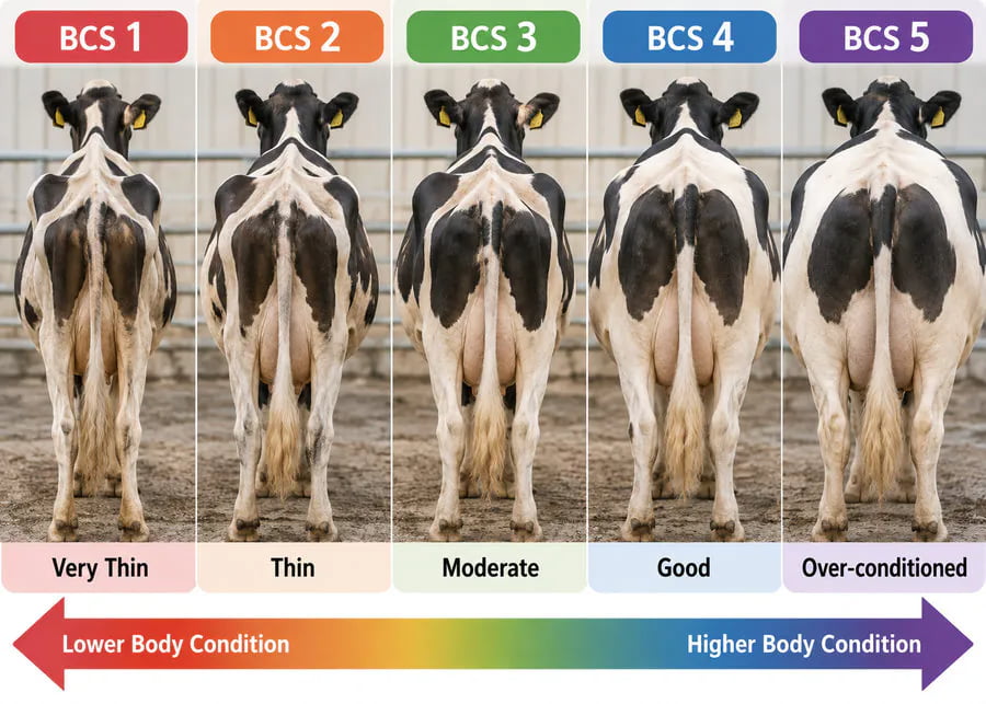Dairy Cow BCS 1 to 5 Comparison Dairy cow BCS 1 to 5 visual comparison from thin to over-conditioned