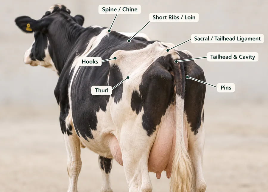 Dairy Cow Body Condition Scoring BCS Dairy cow body condition scoring showing key anatomical assessment points