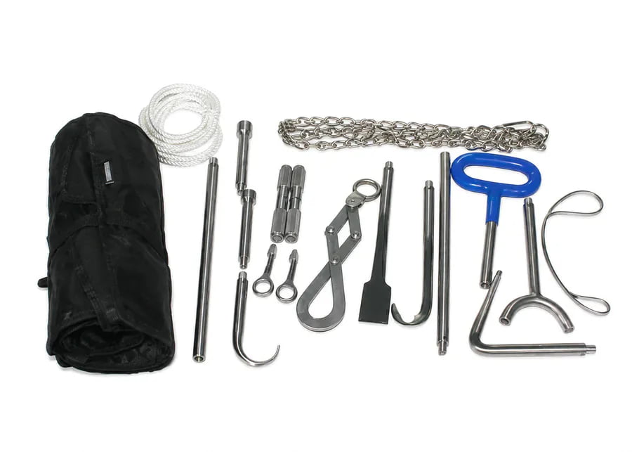 calving equipment kit including obstetrical ropes, gloves, disinfectant, lubricant, and lighting equipment