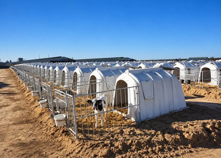 Outdoor calf hutch layout with proper spacing ventilation and service access