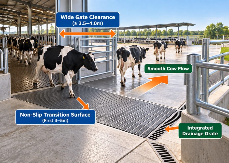 Dairy barn exit showing wide gate, non-slip rubber transition zone, and drainage grate