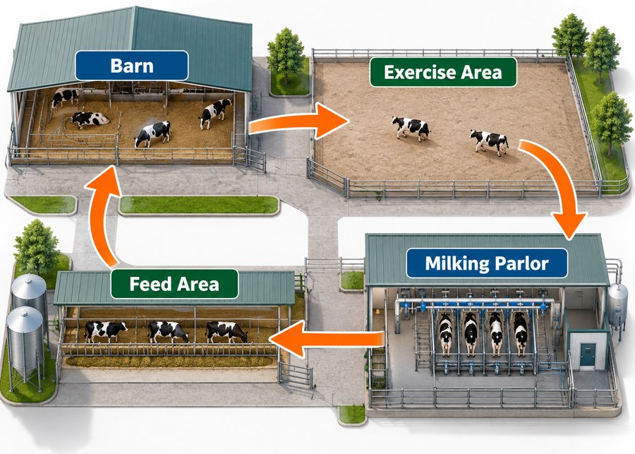 Dairy cow traffic-flow layout showing barn exercise area milking parlor and feed return route