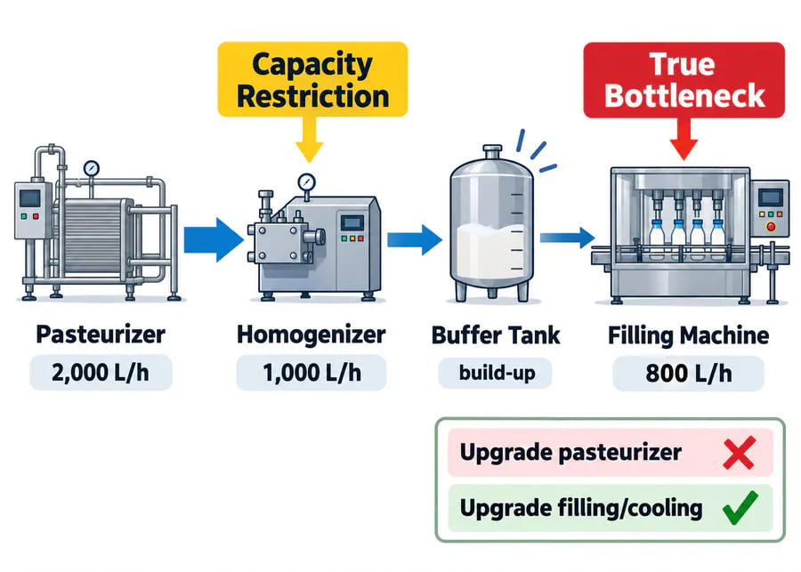 Dairy processing line bottleneck analysis showing capacity restrictions across pasteurizer, homogenizer, buffer tank, and filling machine