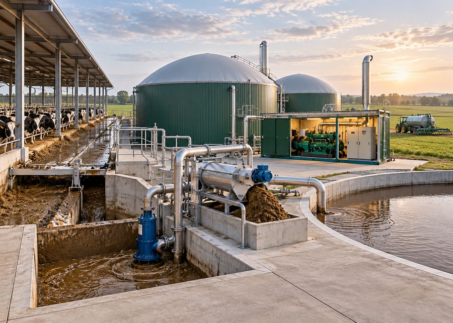 Dairy farm cow dung biogas production process from manure collection to energy recovery