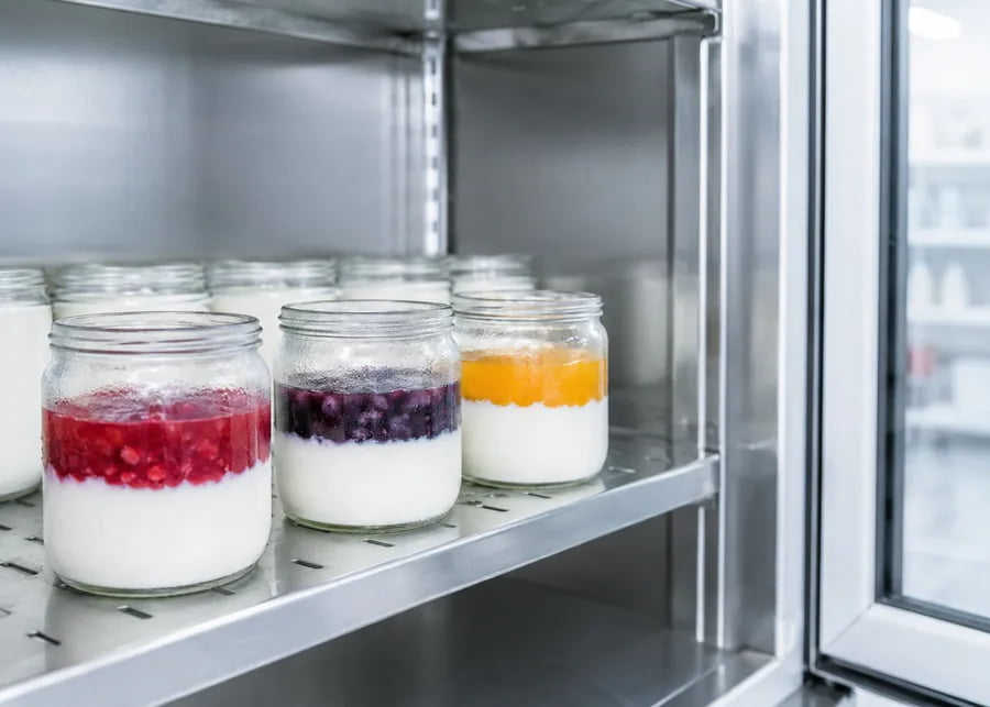 Fruit yogurt shelf life testing and color stability monitoring in refrigerated storage