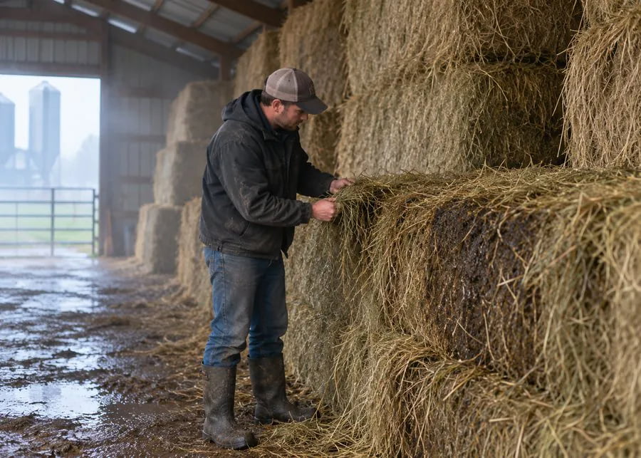 Dairy hay storage inspection in a humid environment showing moisture risk