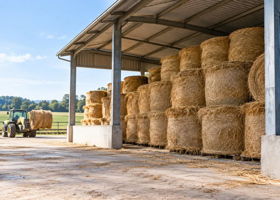 Commercial dairy hay storage with dry elevated bales protected from rain