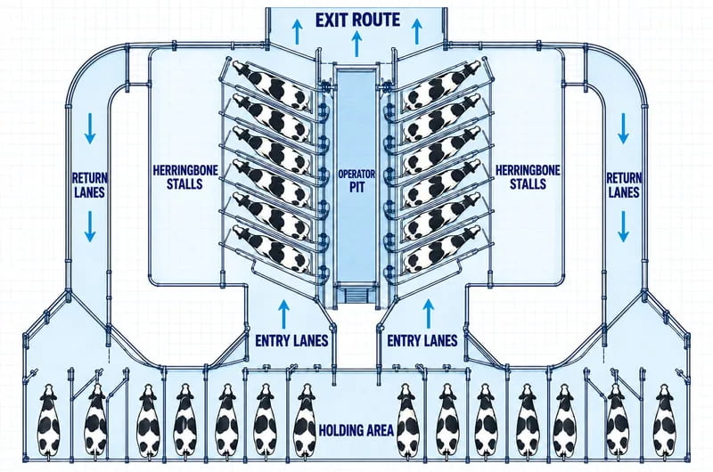 Herringbone milking parlor layout with angled stalls, central operator pit and cow entry and return routes