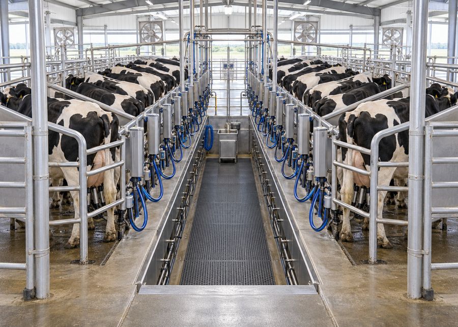 Commercial herringbone milking parlor with central operator pit