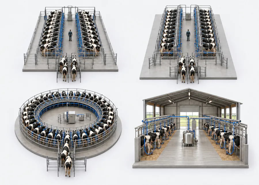 Comparison of 4 main milking parlor types: parallel, herringbone, rotary, and pipeline milking systems