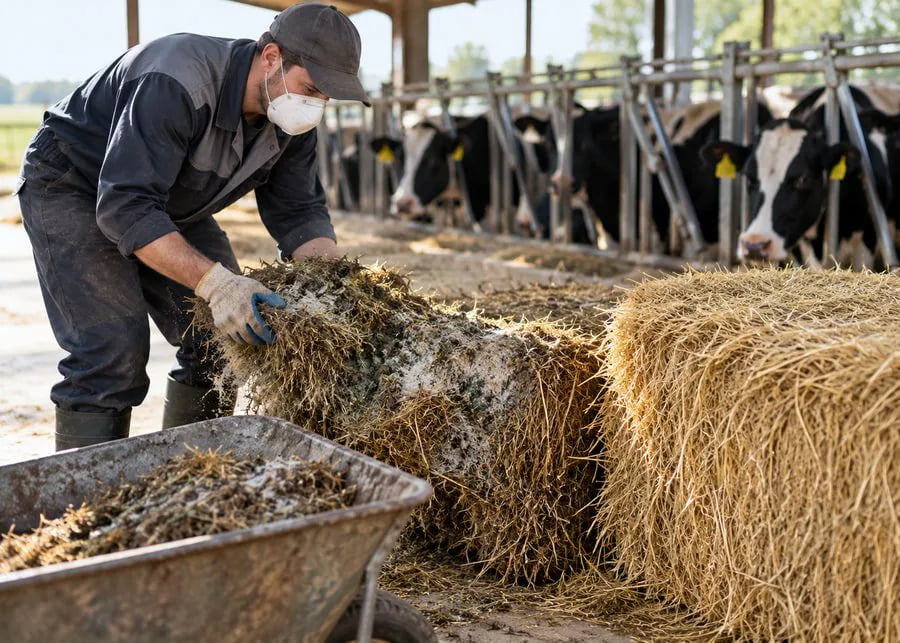Farm worker separating mold-damaged hay from usable cattle forage