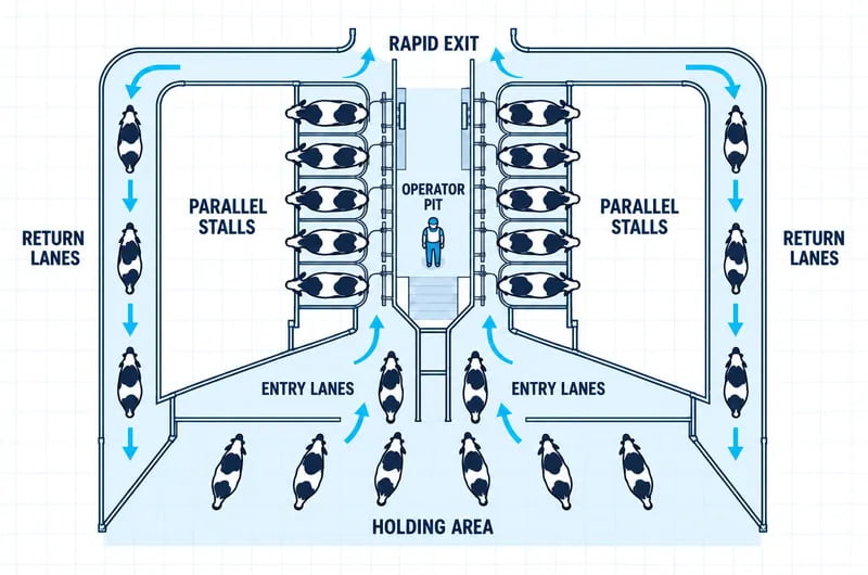 Parallel milking parlor layout showing holding area, entry lanes, operator pit, rapid exit and return lanes