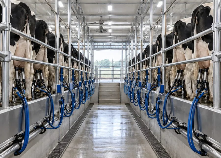 Parallel milking parlor for medium and large commercial dairy farms