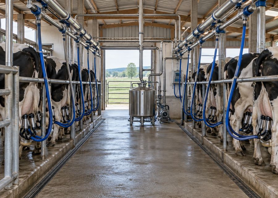 Stainless steel pipeline milking system installed directly above cow stalls in a dairy barn