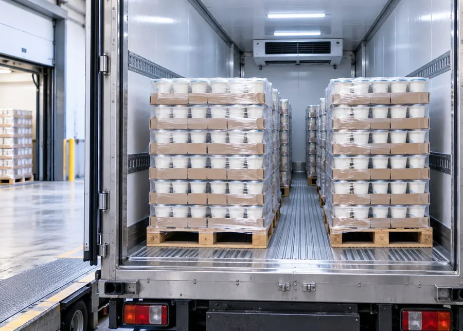 Refrigerated yogurt transport showing correct carton loading, pallet stability, cold-air circulation, and temperature control