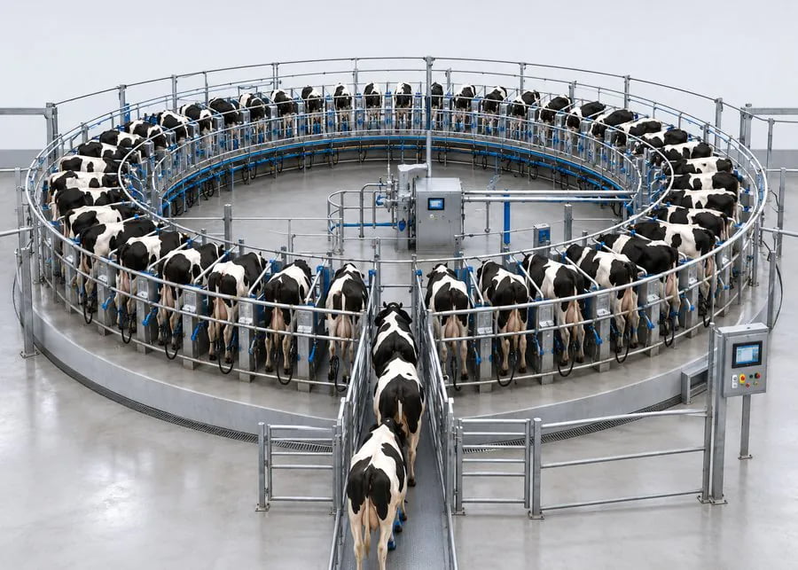 Large rotary milking parlor with automated cow entry rotation and exit