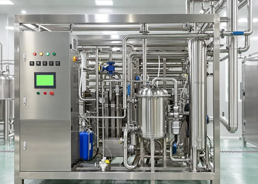 Skid-mounted continuous plate pasteurizer system with automated PLC control, balance tank, and holding tubes