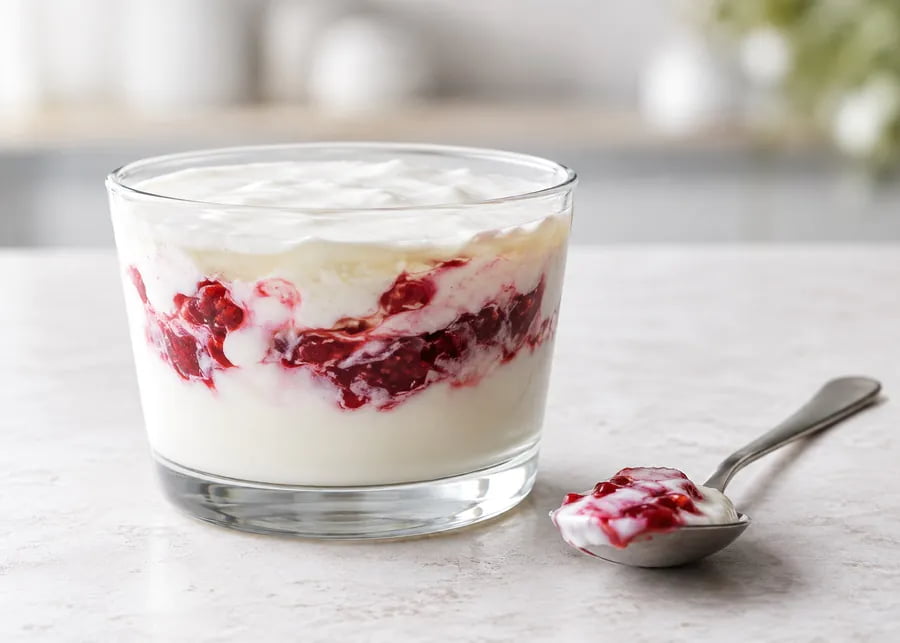 Stirred yogurt whey separation and syneresis around fruit jam layer