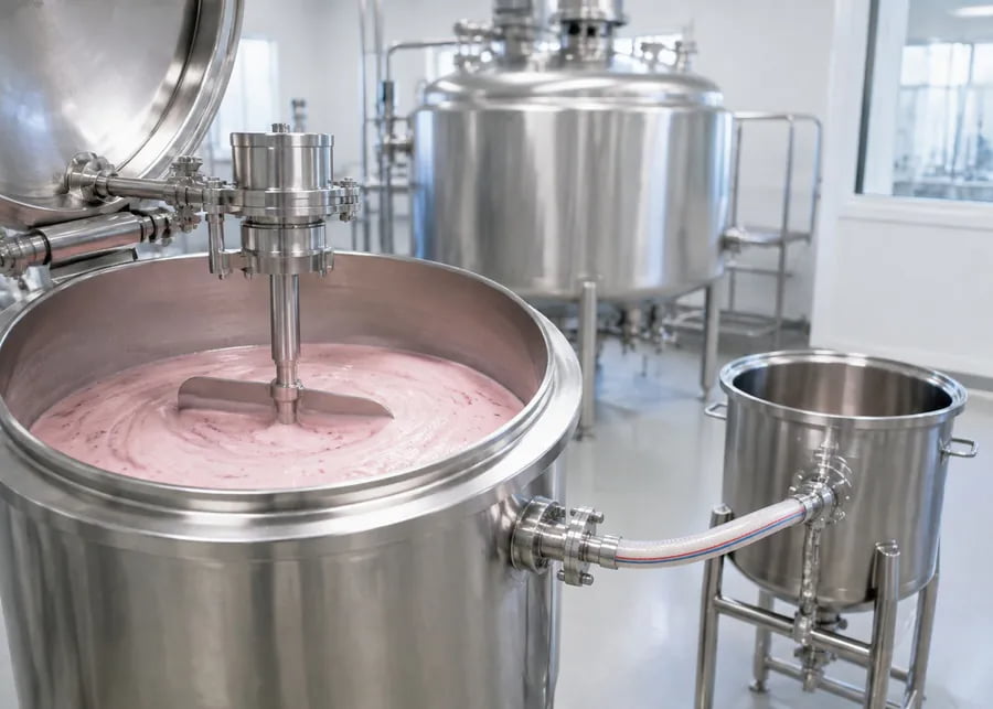 Low shear mixing tank and auxiliary vessel for gentle fruit yogurt blending