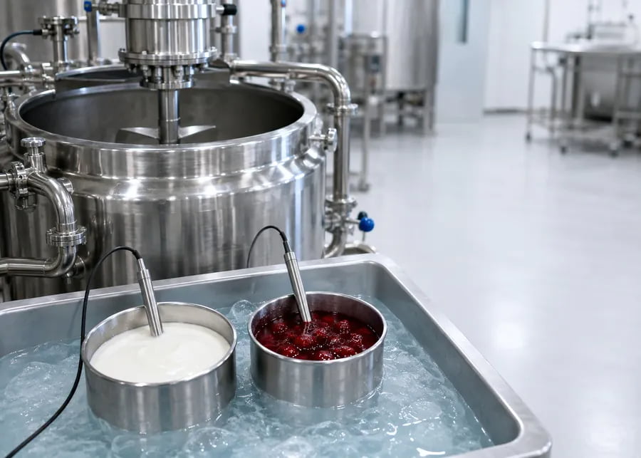 Matching ingredient temperatures between yogurt and fruit preparation before blending