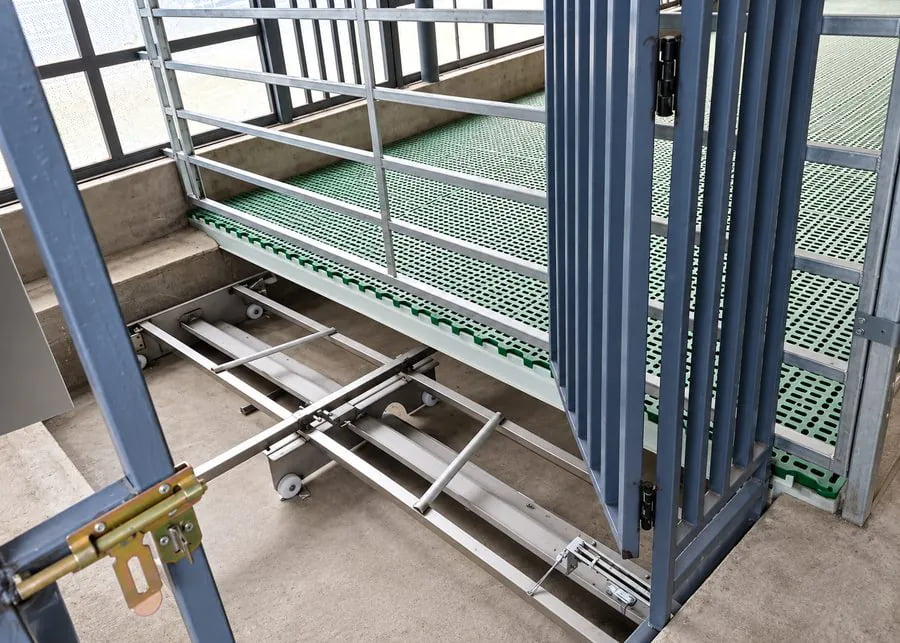 Under-floor manure scraper mechanism installed below slatted flooring in a commercial sheep barn